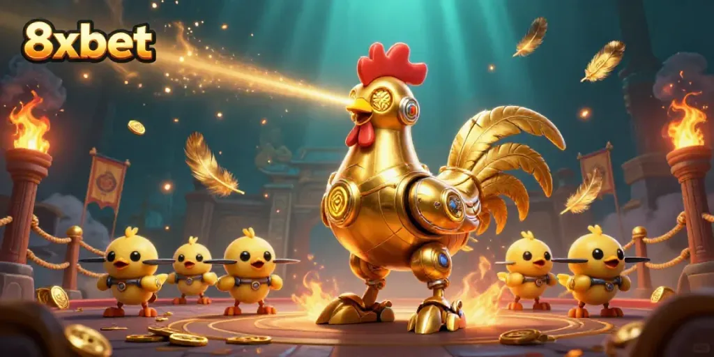 Engage with thrilling action at 8xbet online casino featuring a golden rooster robot amidst vibrant betting elements.