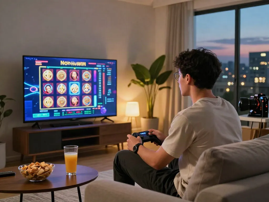 Intense online gaming session with Nohuwin on large screen, cozy living room