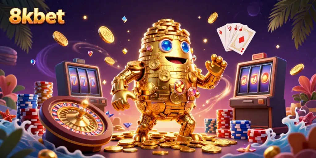 Immerse in the vibrant gaming world of 8xbet with dynamic characters and casino-themed elements.