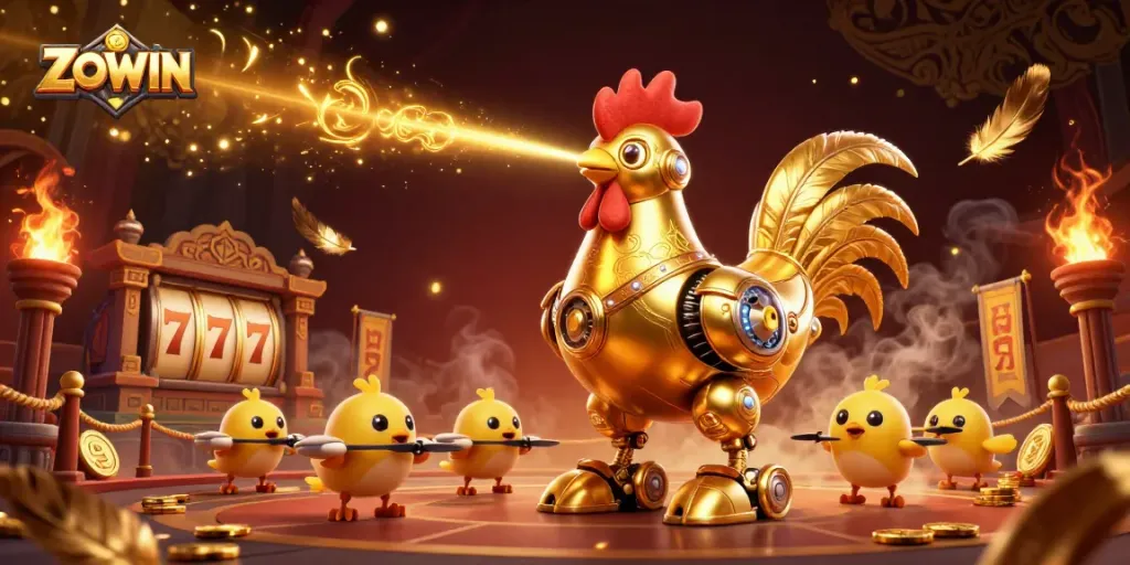 ZOWIN casino-themed illustration featuring a golden rooster robot and chicks amidst slot reels and dynamic elements.