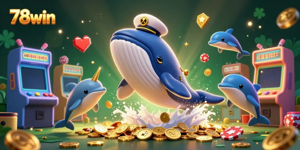 Experience thrilling casino fun with 78win as a whale leaps through coins, surrounded by gaming elements.