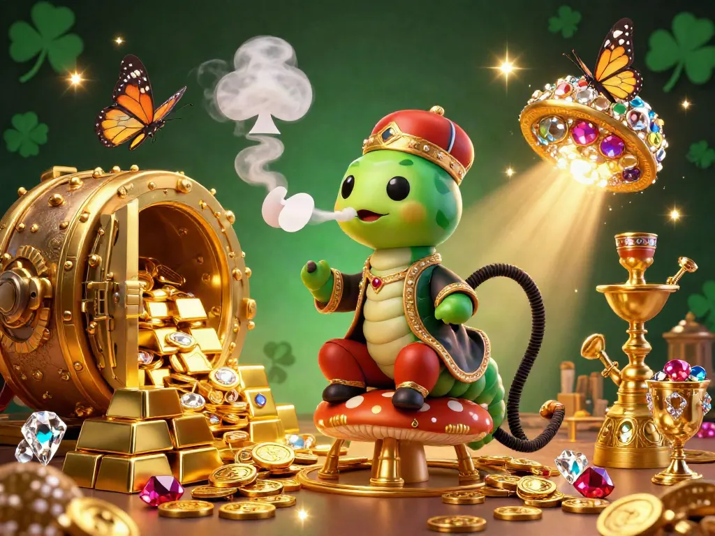 Experience the excitement of Trang chủ xoilactv with rich visuals of a playful caterpillar in a lavish throne, amidst a treasure-filled backdrop.