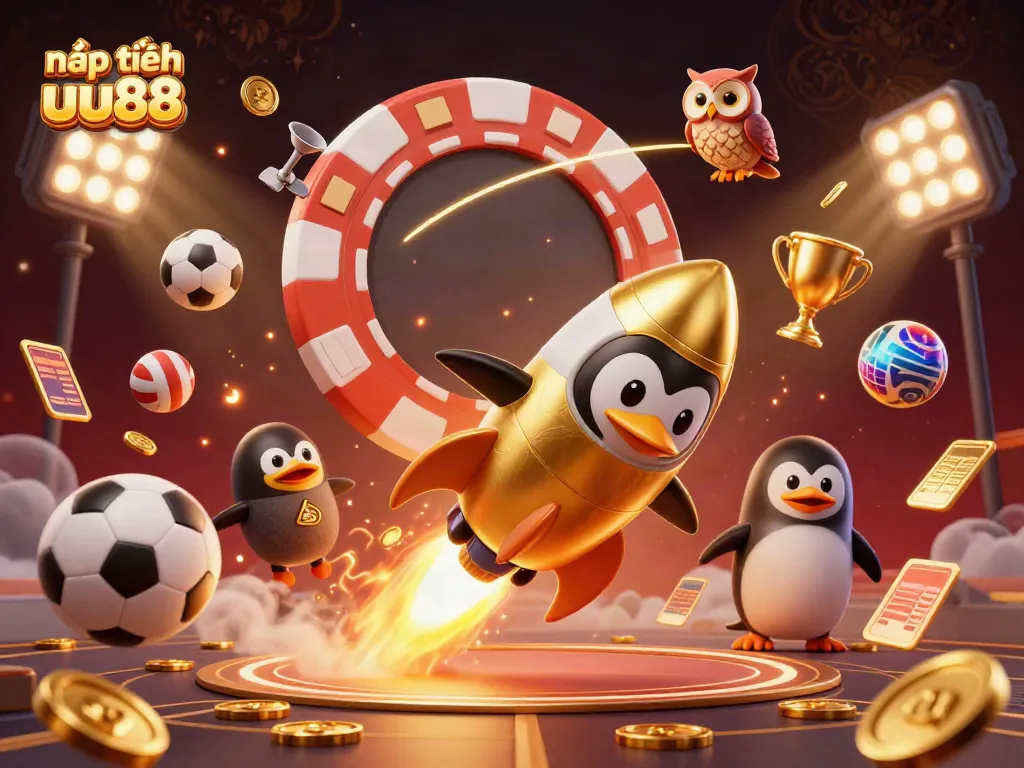 Bet on nạp tiền uu88 with a dazzling 3D illustration of a penguin in space heading to a casino chip station.