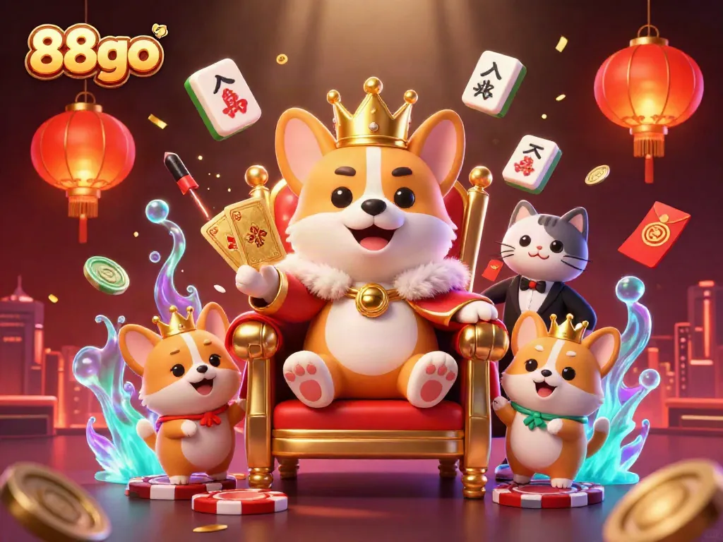 Experience the thrills of 88go with a royal corgi on a poker chip throne amidst vibrant gambling elements.