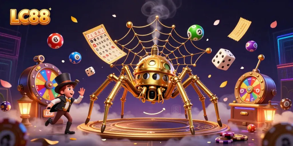 Engage in exciting gaming at LC88, where a steampunk spider catches dice amidst dynamic lottery balls and casino elements.