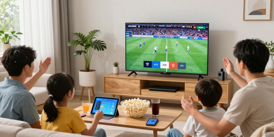 Family enjoying IPTV sports streaming on a smart TV in a cozy living room.