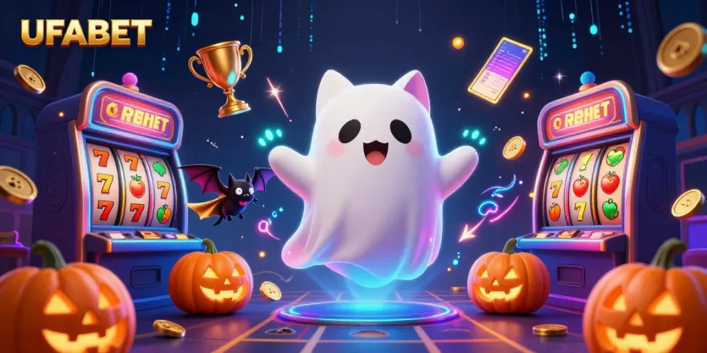 Engage with UFABET's thrilling casino experience featuring a friendly ghost cat and spooky elements.