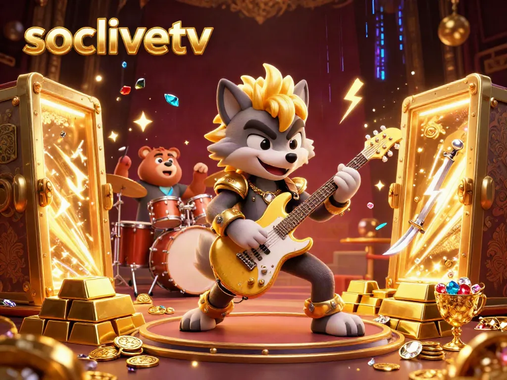 Experience the vibrant energy of socolivetv with a rock star wolf and drummer bear in a dynamic casino scene.