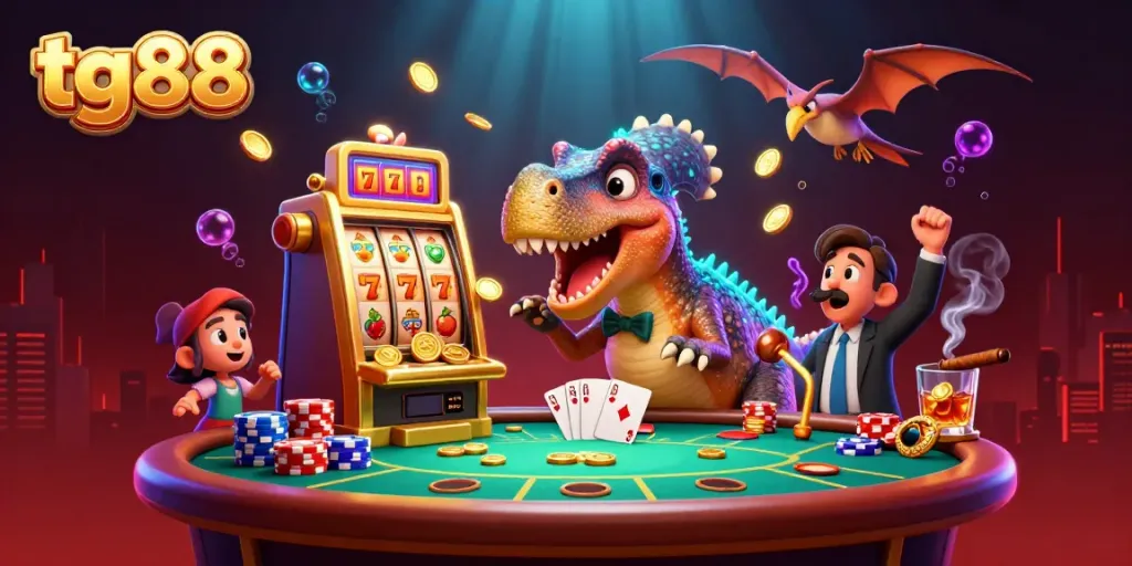 Experience tg88 with a pachycephalosaurus winning jackpots at a vibrant casino scene.
