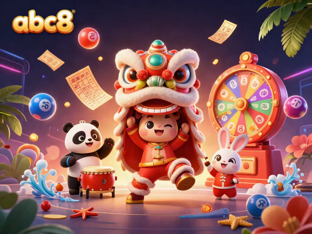 Engage with abc8's vibrant online gaming, featuring dynamic lottery elements and festive characters.