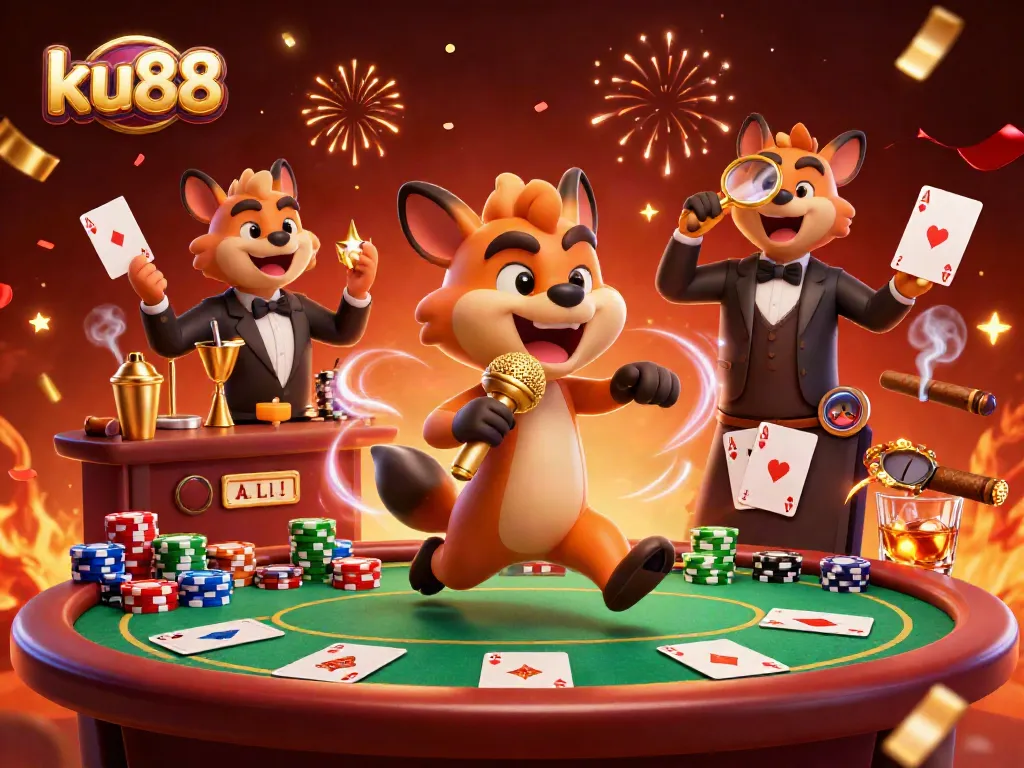 Experience the comedic essence of ku88 with lively hyenas in a vibrant casino environment.