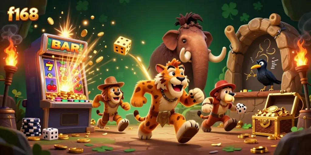 Engage in thrilling gameplay at f168 with a lively prehistoric casino scene featuring vibrant visuals and dynamic elements.