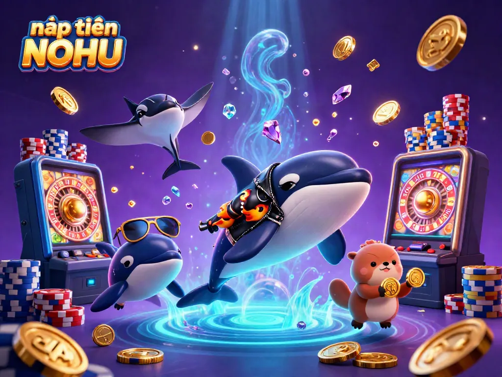 Experience the thrill of nạp tiền NOHU with orca, stingray, and otters in a vibrant casino scene.