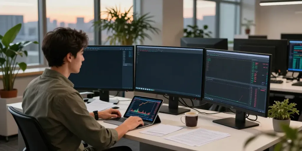 Trader analyzing slate capivex stock market data in a modern office.