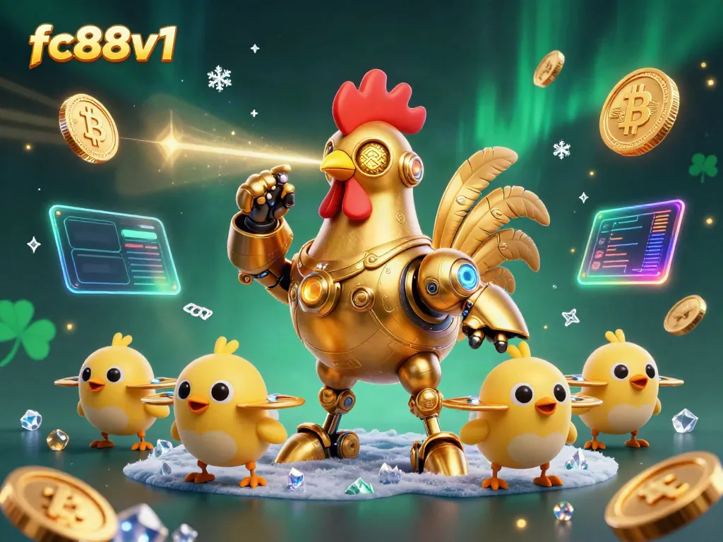 Engage in exciting casino action with a golden rooster robot leading a crew of drones featuring crypto elements at fc88v1.