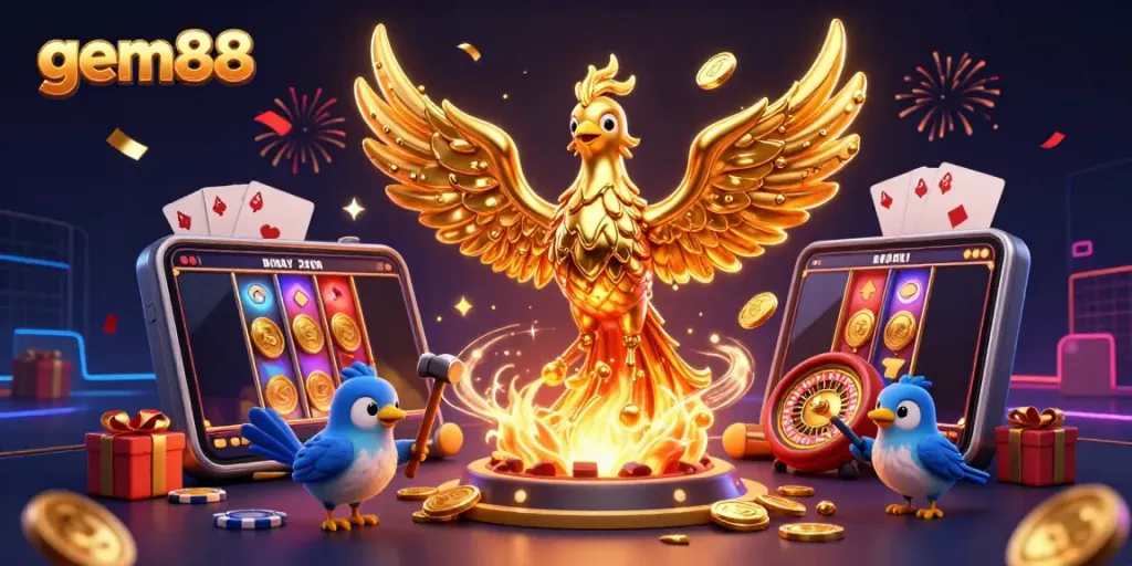 Experience excitement with gem88's dynamic golden phoenix and gaming elements in a vibrant casino scene.