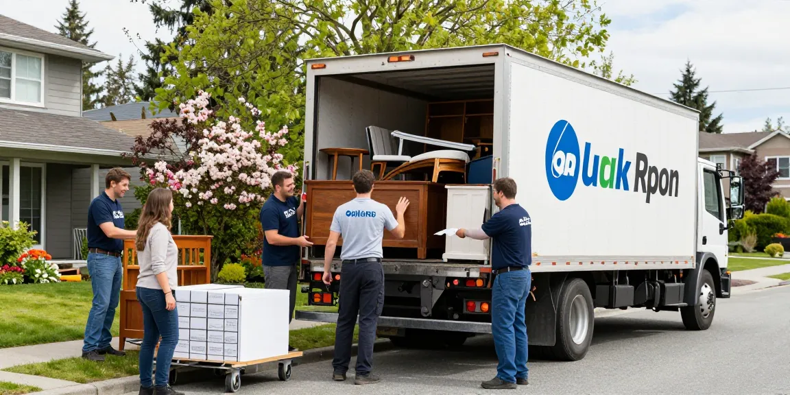 Efficient team performing target Junk Removal Vancouver services, loading truck with household items in a pleasant residential setting.