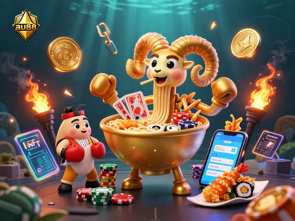 au88 players engaging with vibrant 3D casino characters and neon crypto elements during an exciting game.