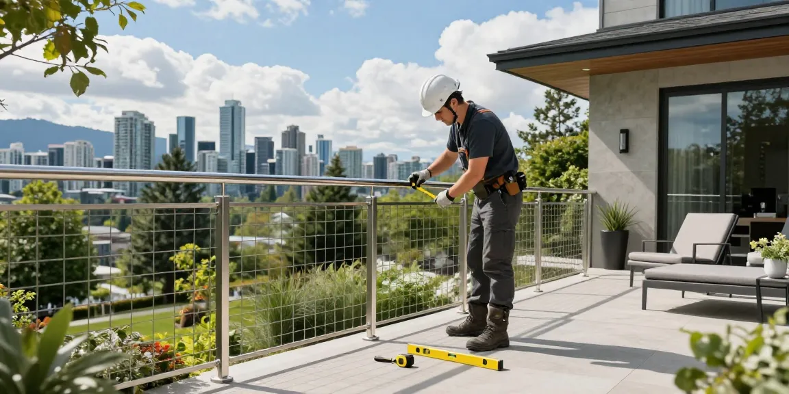Custom railing installation in North Vancouver showcasing modern balcony design with stainless steel railings and expert craftsmanship.