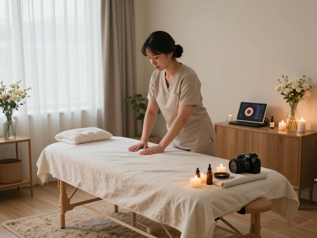 Premium 성남출장마사지 scene with therapist preparing a relaxing home space.