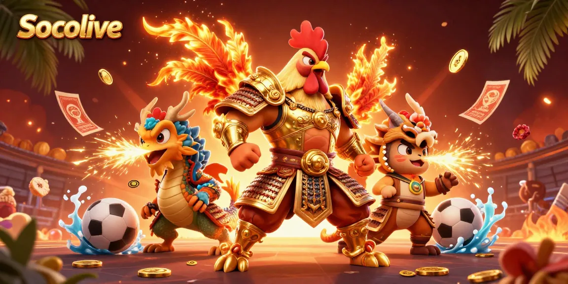 Socolive sports betting scene featuring a fighting rooster warrior and dragon hatchling amidst dynamic game elements.