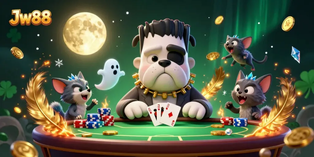 Engaging scene of Jw88 featuring a Frankenstein bulldog and friends at a poker table
