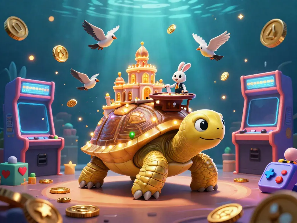 Experience the excitement at 9betz with a rabbit dealer, gold coins, and a casino on a giant tortoise!