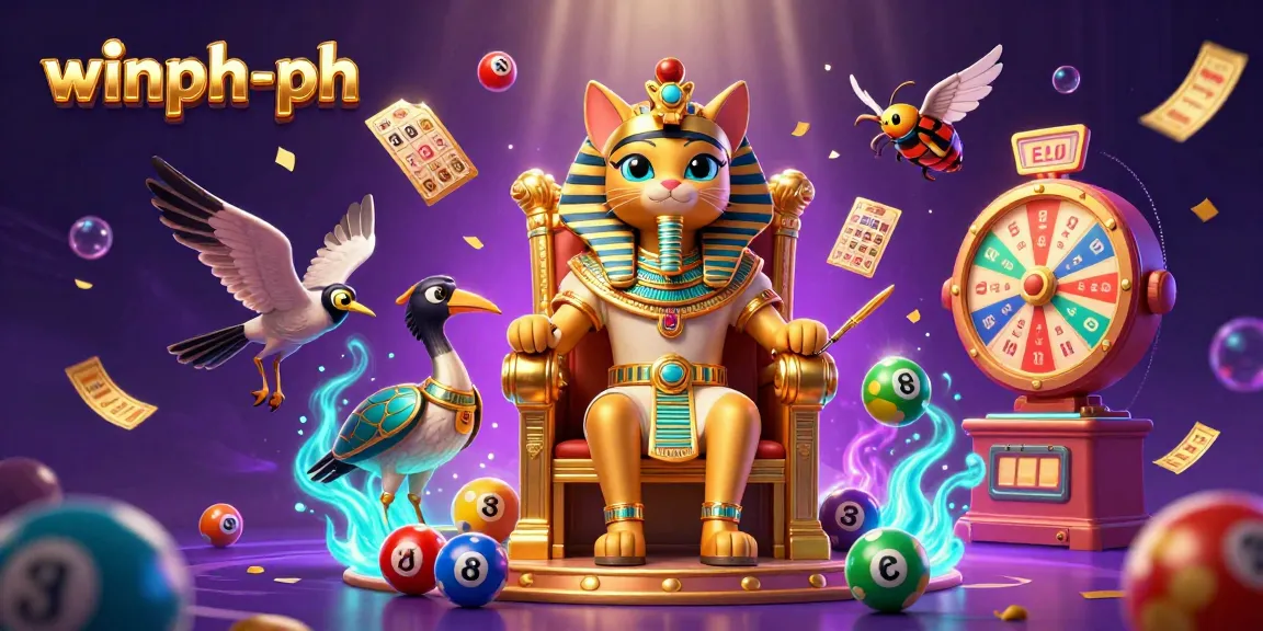 Enjoy exciting games on winph-ph, illustrated with a vibrant 3D casino scene featuring Egyptian pharaoh cat and dynamic elements.