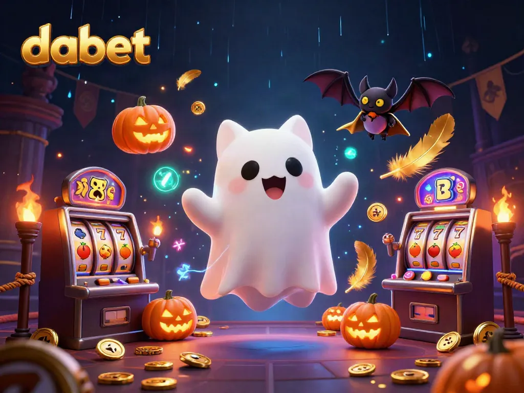 Dabet brings excitement with a friendly ghost cat and vampire bat in a magical casino setting.
