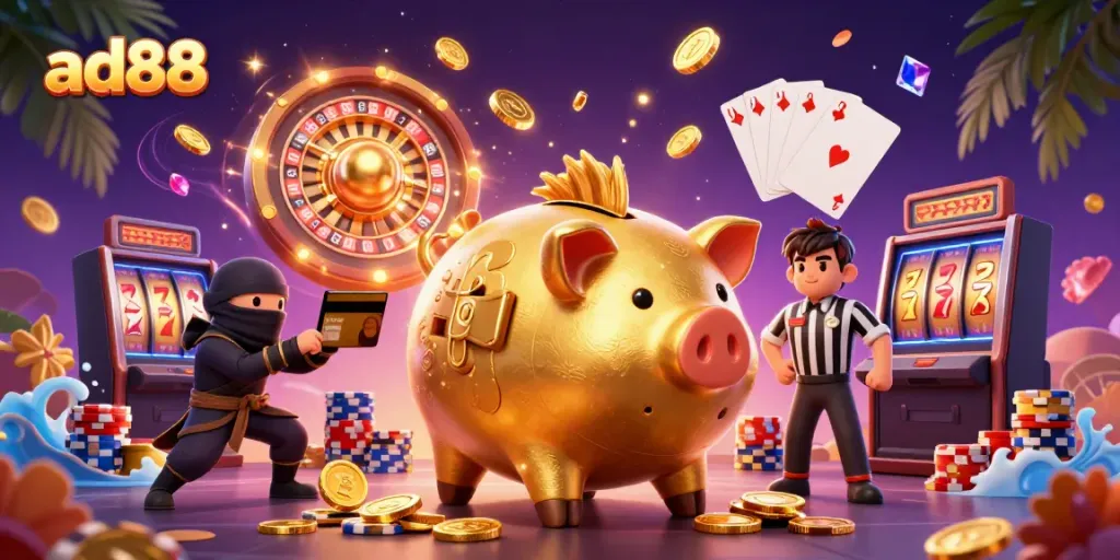 Experience exciting gameplay at ad88 with a cartoon golden piggy bank sumo wrestler amidst sparkling coins.