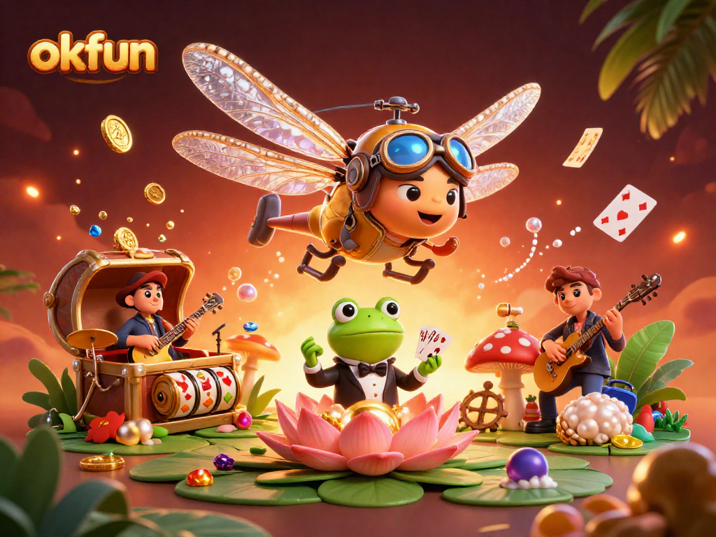 Engage with okfun in a vibrant 3D casino scene featuring exotic characters and exciting game elements.