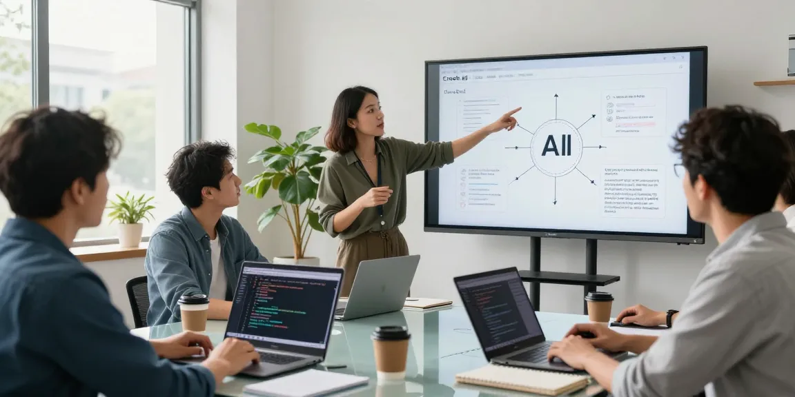 Developers collaborating on AI projects in modern workspace discussing crush ai concepts.
