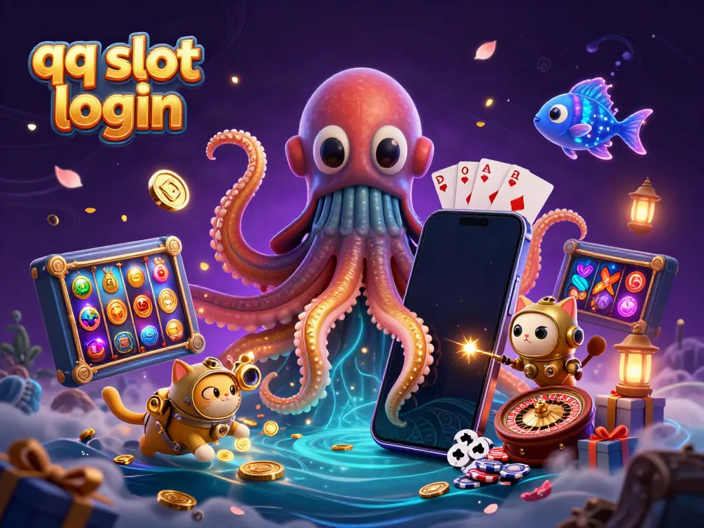 Unleash your luck with qq slot login, featuring vivid 3D elements like a kraken and slot games.