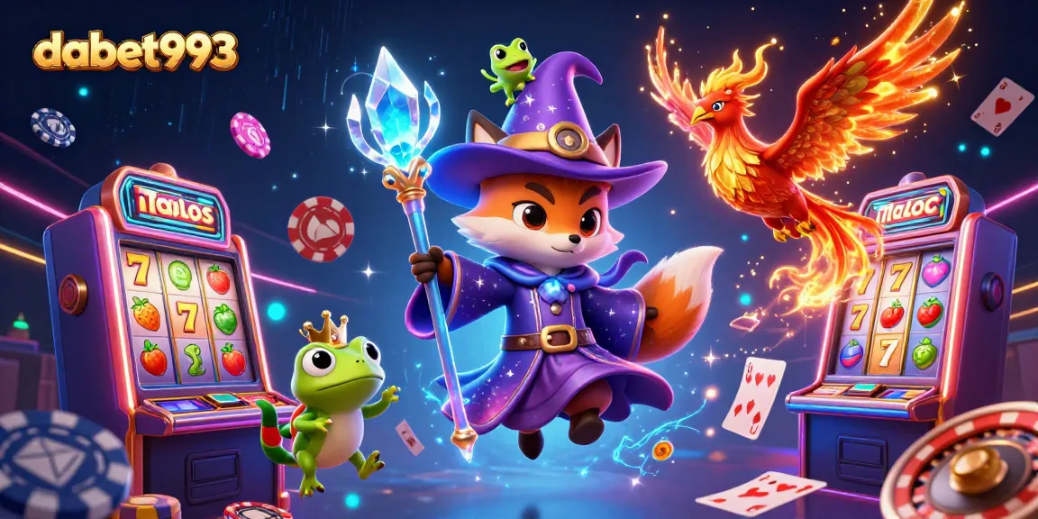 Experience the magic of dabet993 with a vibrant casino scene featuring a wizard fox, phoenix, and stunning gambling elements.