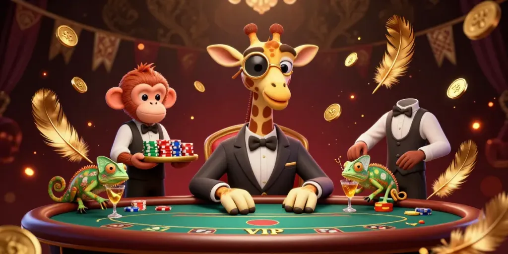 Experience the thrill of 78win gambling with a high-roller giraffe at a poker table.