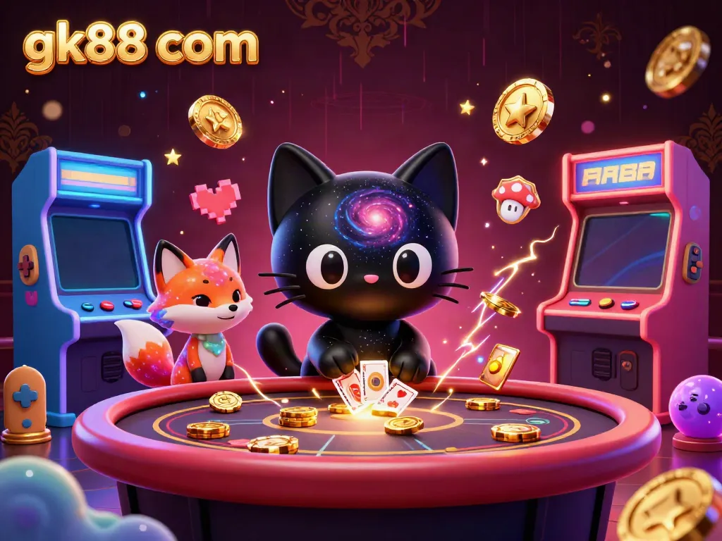 Experience thrilling gameplay with gk88 com in a vibrant cosmic casino illustration featuring a black hole cat.