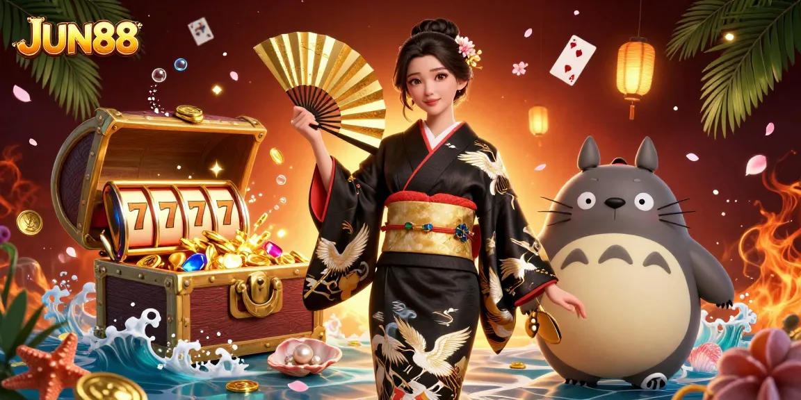 Experience the excitement of JUN88 with dynamic gaming elements and elegant characters in a vibrant casino setting.