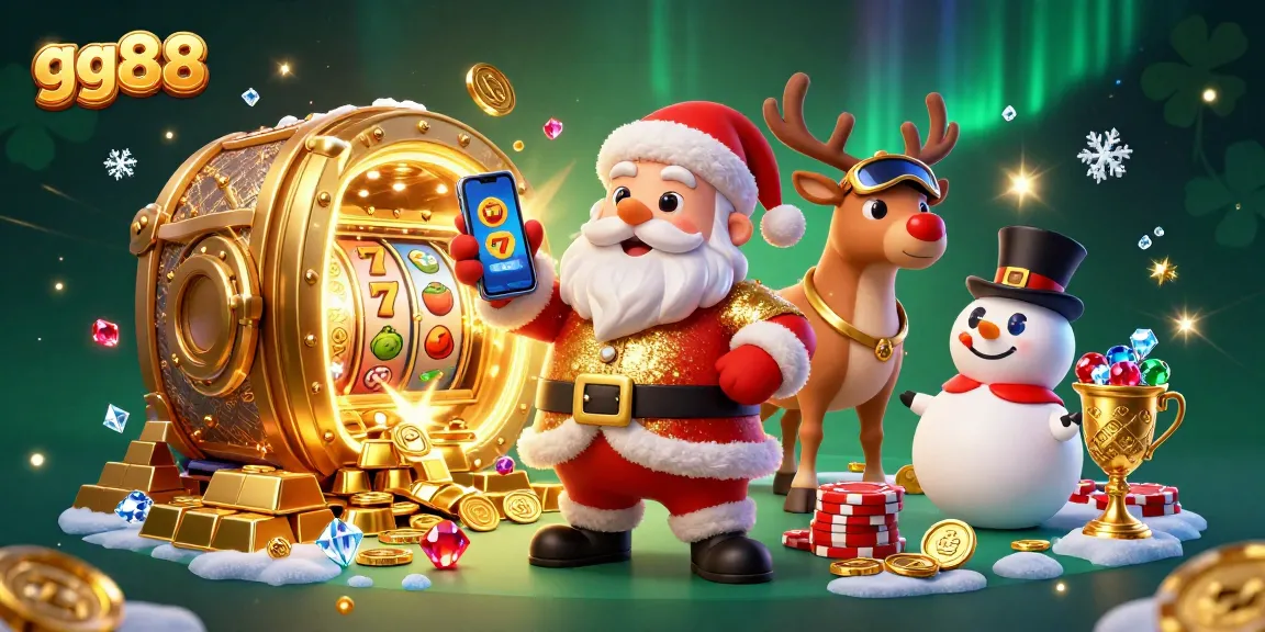 Join the fun at gg88 with Santa, his reindeer, and a snowman in a vibrant casino scene filled with jewels and slots!