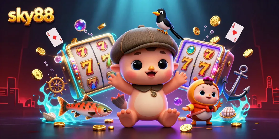 Play and win with exciting games at sky88 featuring slot reels and treasures in a vibrant 3D scene.