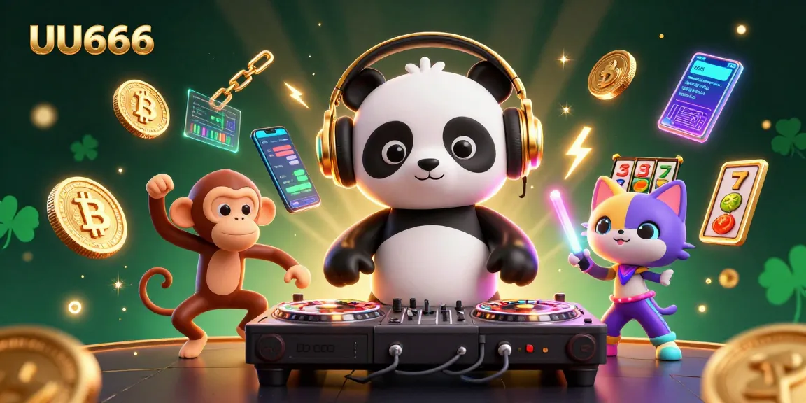 Engage with the dynamic gaming scene at UU666 featuring a DJ panda, monkey dancer, and chic kitten in casino vibes.