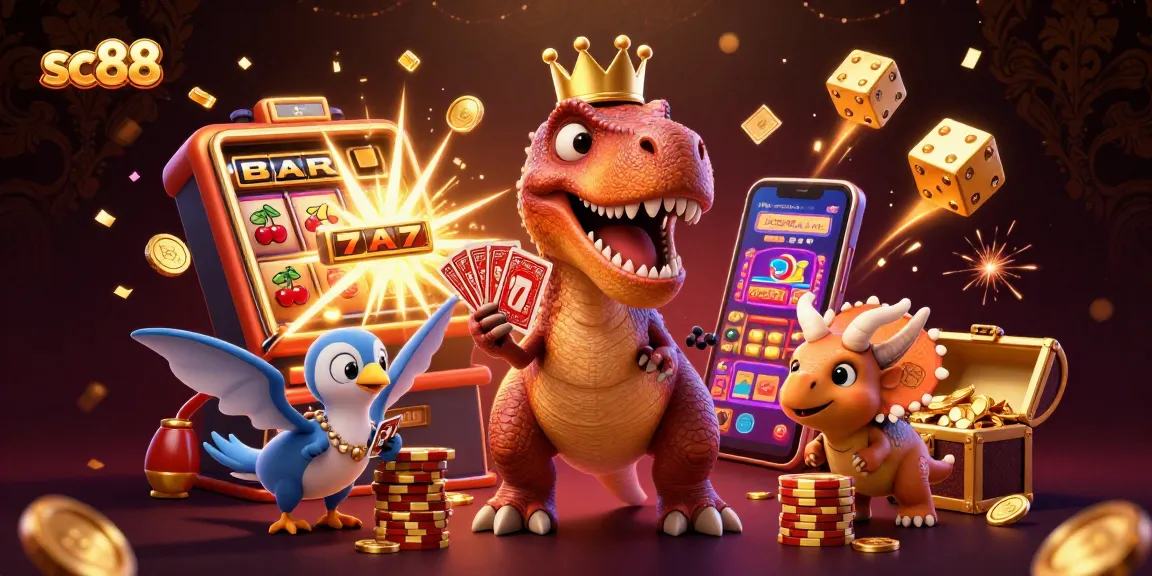 Engage in exciting gameplay at sc88 with friendly cartoon dinosaurs around a vibrant casino scene