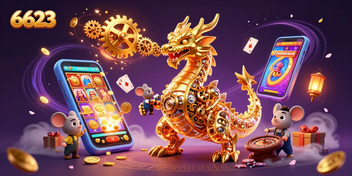 Experience 6623 with a vibrant scene of casino excitement, featuring golden dragon and slot games.