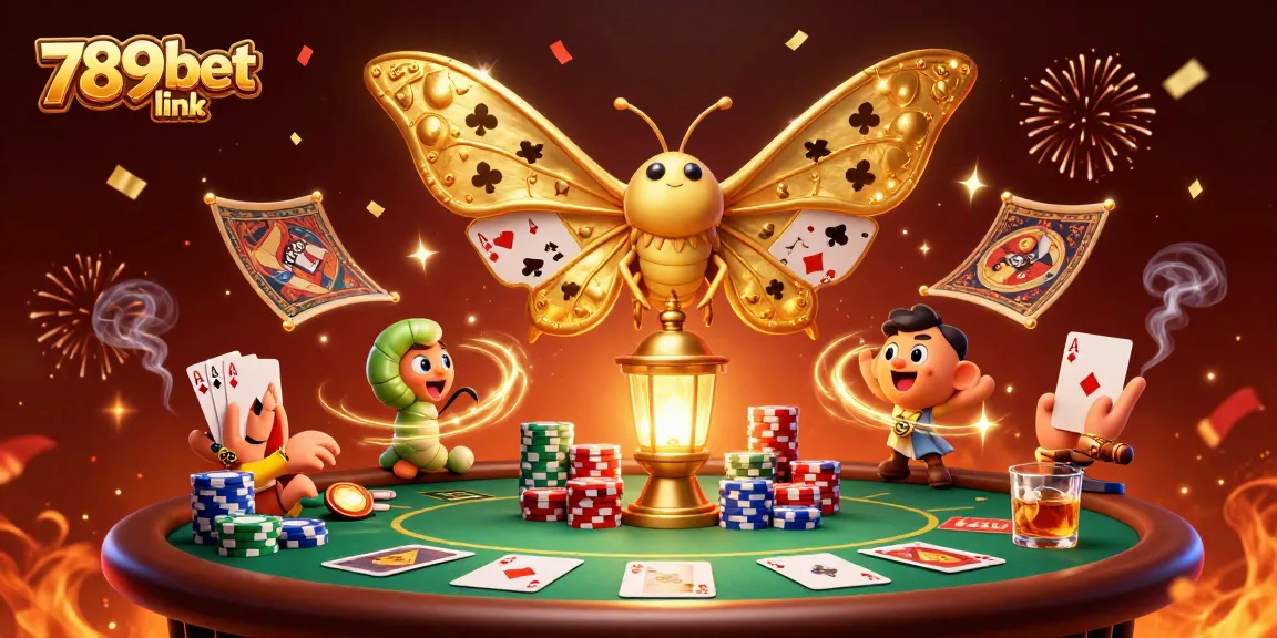 Engage with 789bet link through a vibrant 3D casino scene filled with poker elements and enchanting creatures.