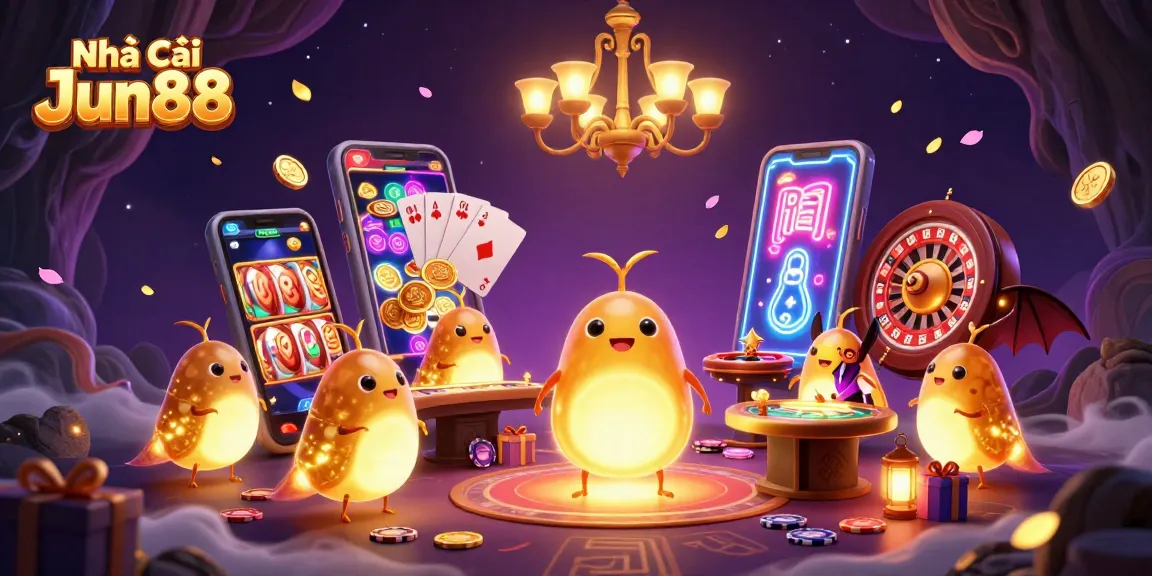 Engage in thrilling gameplay at Nhà cái Jun88, illuminated by vibrant glowworms and captivating casino elements.