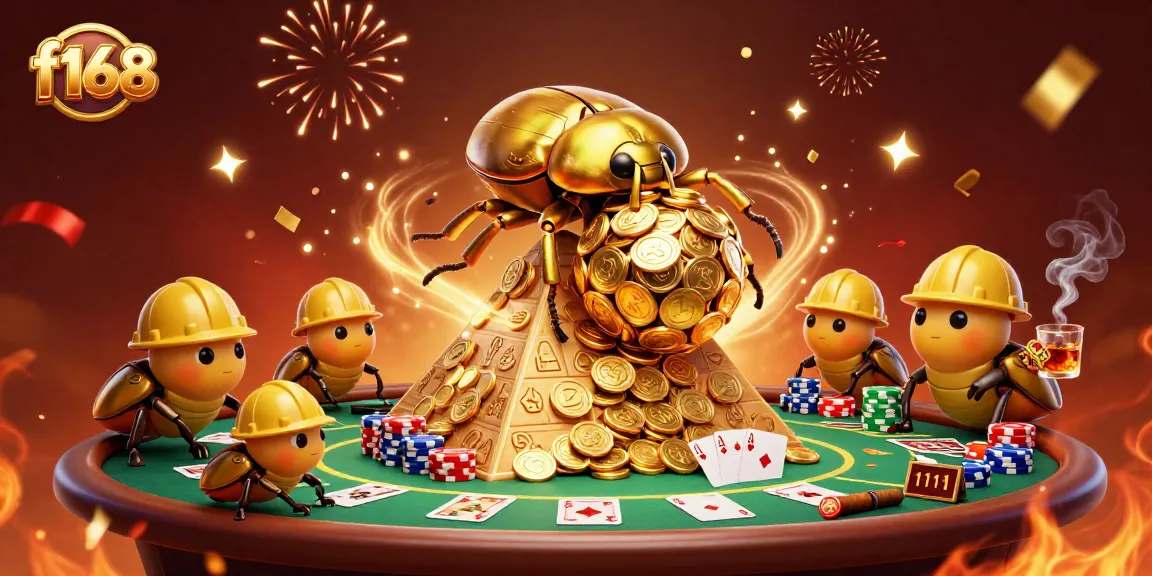 Engage with f168's vibrant casino atmosphere featuring golden coins, poker elements, and festive celebrations