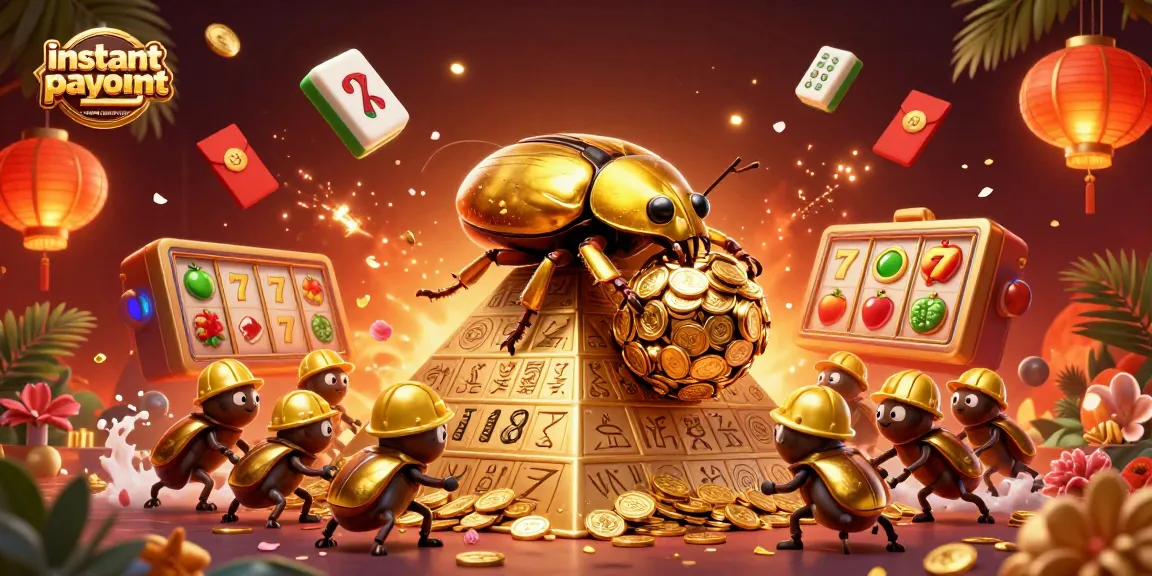 Experience the excitement of instant payout casino Australia real money with a vibrant 3D illustration of golden beetles.