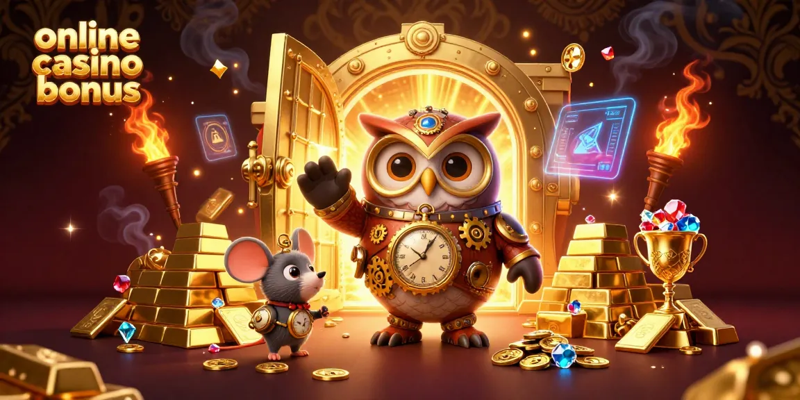 Engage with an online casino bonus scene featuring a steampunk owl and treasures in a grandeur casino.