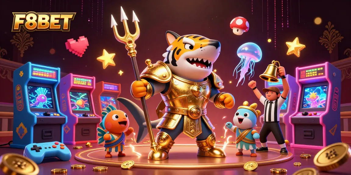 Engage with F8BET's vibrant underwater casino scene featuring a tiger shark and arcade games.