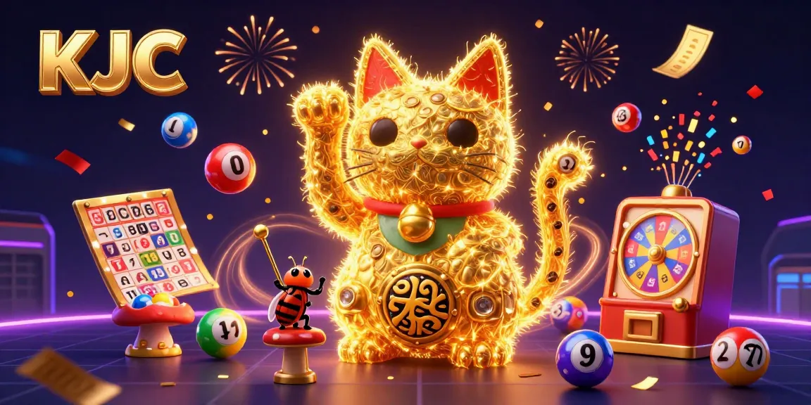 KJC's giant lucky cat made of golden fireflies celebrates with casino symbols and vibrant lottery balls.