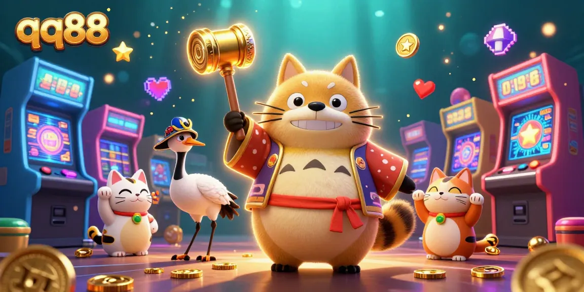 Engage with qq88's thrilling slots and vibrant arcade games in a colorful 3D illustration.